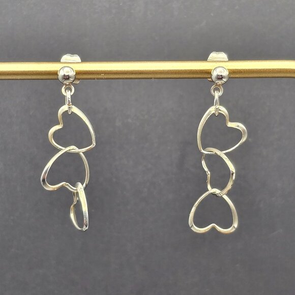 VTG Sterling Silver Dangling Triple Heart Earrings 1" Stud Back Interlocking - Picture 4 of 4